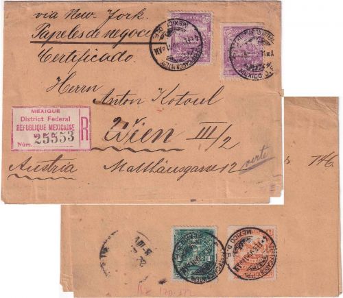 Mexiko - 2x10 C. Postkutsche ua Einschreiben-Geschäftspapiere n. ÖSTERREICH 1899