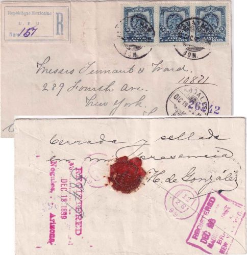 Mexiko - 5 C. Freimarke 3er-Streifen Einschreibebrief n. USA Guaymas 1899