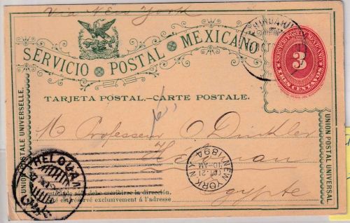 Mexiko - 3 C. Ganzsache/Karte n. ÄGYPTEN Chihuahua - Helouan 1894