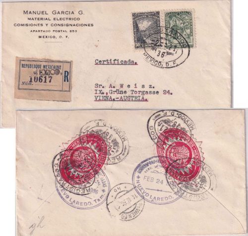 Mexiko - 50+2 C. Freimarken Einschreibebrief n. ÖSTERREICH Mexico City 1936