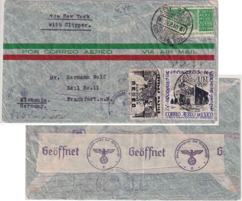 Mexiko - 1 P. 400 J. Campeche u.a. Luftpostbrief Guaymas - FFM 1940 OKW-Zensur