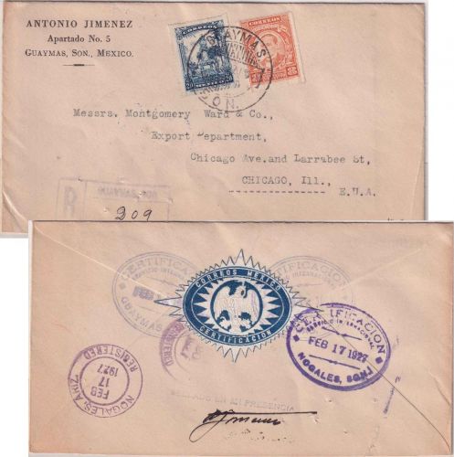 Mexiko - 20+8 C. Freimarken Einschreibebrief n. USA Guaymas - Chicago 1927