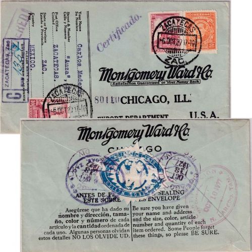 Mexiko - 2x10+8 C. Freimarken Einschreibebrief n. USA Zacatecas - Chicago 1927