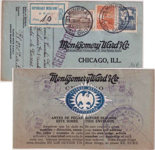 Mexiko - 20 C. u.a. Freimarken Einschreibebrief n. USA Mineral - Chicago 1928