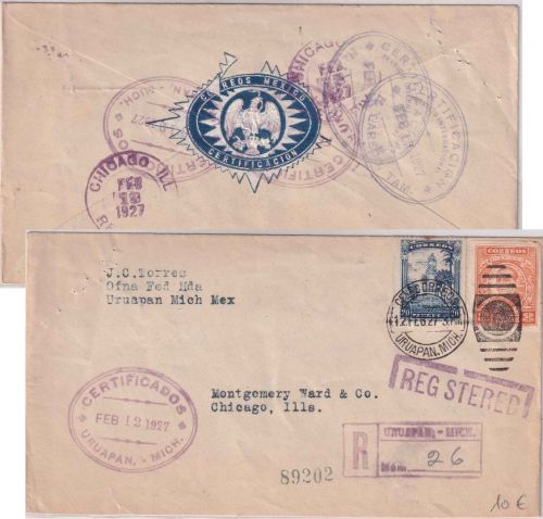 Mexiko - 20+8 C. Freimarken Einschreibebrief n. USA Uruapan - Chicago 1927
