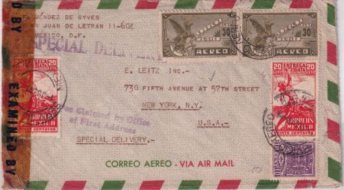 Mexiko - 2x20 C. Bogenschütze u.a. Express-Luftpostbrief n. USA 1943