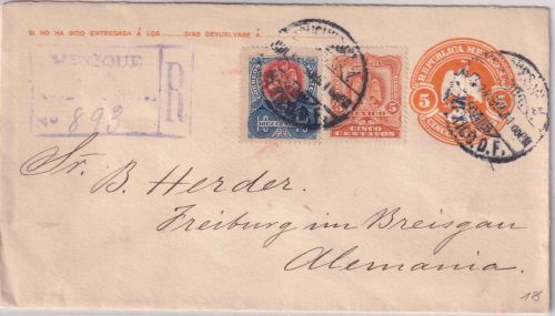 Mexiko - 5 C. Ganzsache+Zusatz/Einschreibebrief Mexico City - Freiburg 1911
