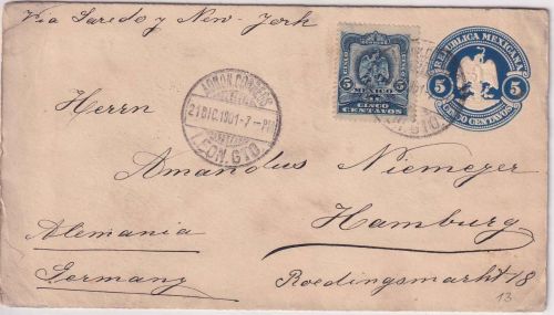 Mexiko - 5 C. Ganzsache+Zusatz/Brief Leon - Hamburg 1901