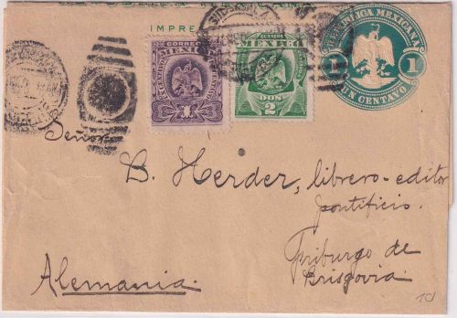 Mexiko - 1 C. Ganzsache+Zusatz/Streifband n. Freiburg 1905