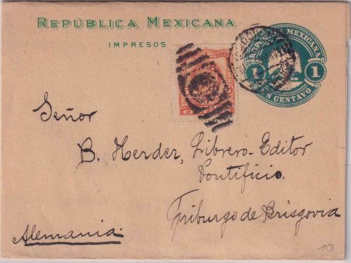 Mexiko - 1 C. Ganzsache+Zusatz/Streifband n. Freiburg 1905