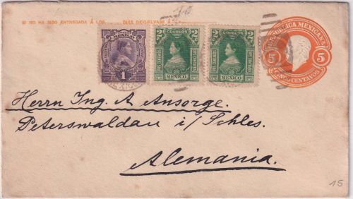 Mexiko - 5 C. Ganzsache+Zusatz/Brief n. Peterswaldau ca. 1905