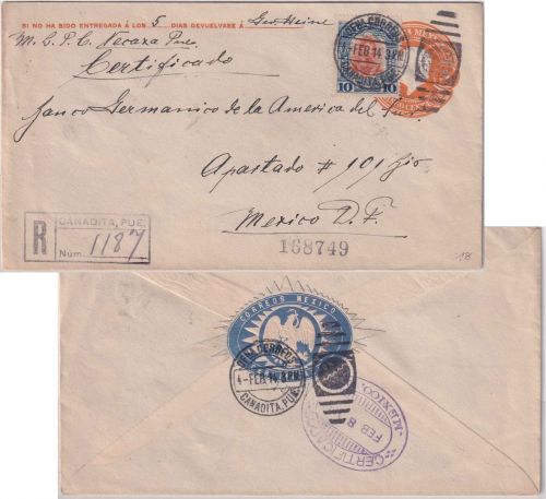 Mexiko - 5 C. Ganzsache+Zusatz/Einschreibebrief Canadita - Mexico City 1914