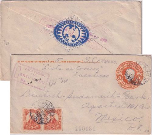 Mexiko - 5 C. Ganzsache+Zusatz/Einschreibebrief Zacatecas - Mexico City 1914