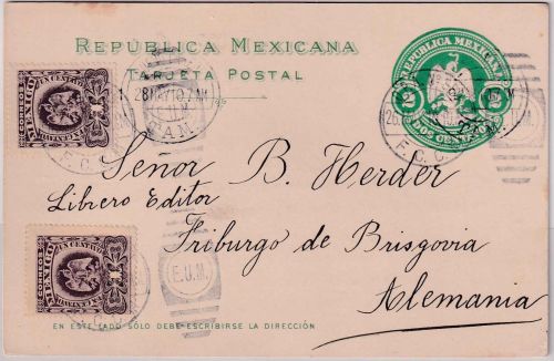 Mexiko - 2 C. Ganzsache+Zusatz/Karte O.P.A. No.389 Bahnpost n. Freiburg 1910