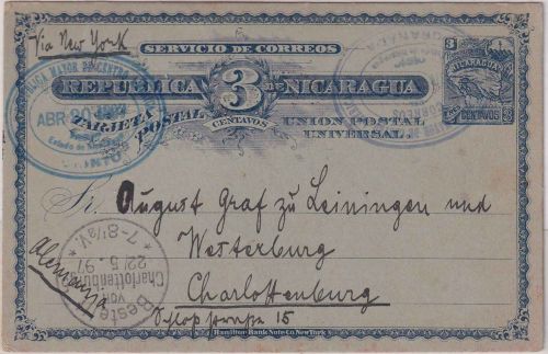 Nicaragua - 3 C. Ganzsache/Karte Granada - Charlottenburg 1897 Empfänger !