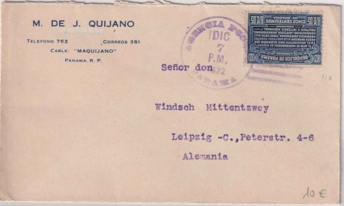 Panama - 5 C. 100 J. Unabhängigkeit Brief Agencia Postal - Leipzig 1922