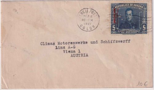 Panama - 5 C. Boliver/UPU-Aufdruck Brief n. ÖSTERREICH Colon - Wien 1937