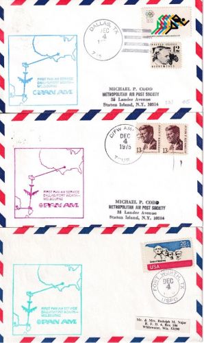 USA - PanAm Firstflight Dallas/Fort Worth - Melbourne 3 Belege 1975