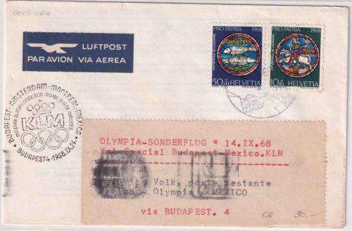 Schweiz - KLM Olympia Sonderflug Budapest Mexiko 1968 Zuleitungspost