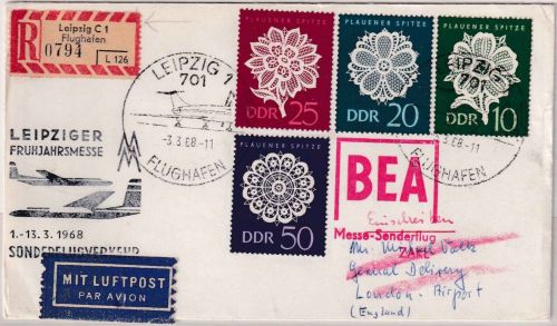 DDR - BEA Messe-Sonderflug Leipziger Messe Luftpost-Einschreibebrief 1968