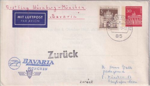 Berlin - Bavaria Erstflug Nürnberg München 1970 Privatganzsache/Luftpost