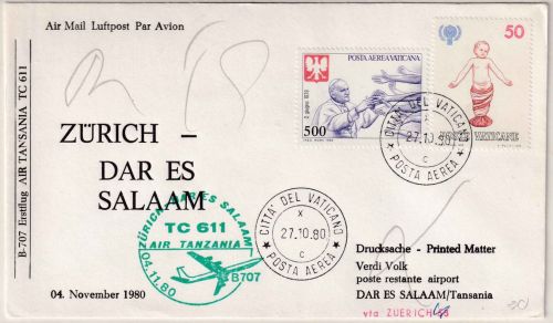 Vatikan - Air Tanzania Firstflight Zürich Dar es Salaam Zuleitungspost 1980