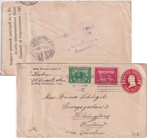 USA - 2 C. Ganzsache+Zusatz/Brief n. FINNLAND Santa Barbara 1916 Zensur