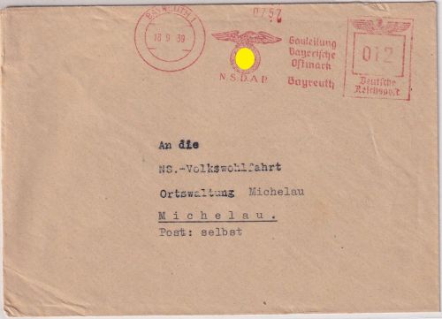 DR - Bayreuth 1939 12 Pfg. AFS NSDAP Gauleitung Bayer. Ostmark Brief n. Michelau
