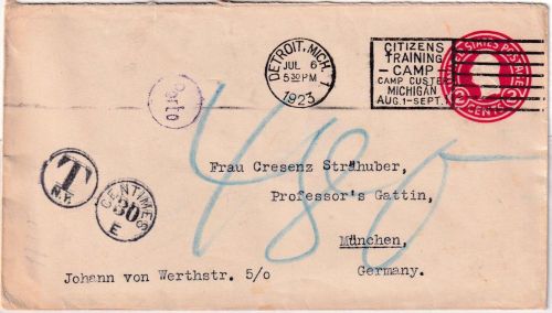 USA - 2 C. Ganzsache/Brief Detroit - München 1923 30 C./480 M. Nachporto