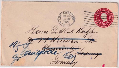 USA - 2 C. Ganzsache/Brief Sondertarif Los Angeles - Chemnitz 1921 Weiterleitung