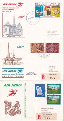 Dubai/Liechtenstein/UNO Genf Air India 1st-flight Genf/Dubai/Genf 3 Belege 1969