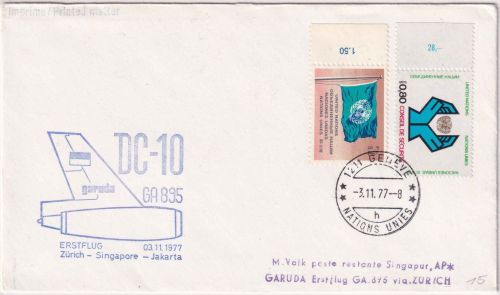 UNO Genf - GARUDA Firstflight Zürich Singapore 1977 seltene Zuleitungspost