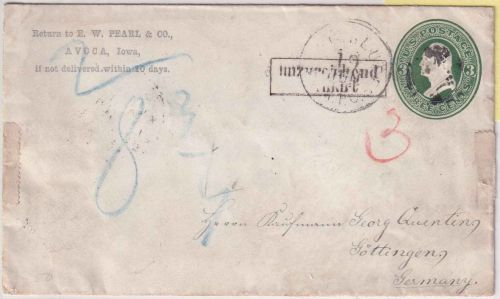 USA - 3 C. Ganzsache/Brief Avoca - Göttingen 1872 Ra2 Unzureichend frankiert