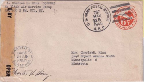 USA - 6 C. Ganzsache/Luftpostbrief US Army APO 767 (Italien) n. Mineapolis 1945