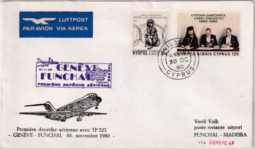 Zypern - TAP Firstflight Genf Funchal 1908 Zuleitungspost