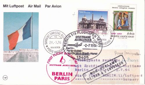 Vatikan - Vietnam Airlines Firstflight/EtappeBerlin Paris 1994 Zuleitungspost
