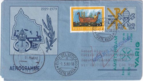 Vatikan - VARIG Firstflight (Aerogramme) Amsterdam - Recife 1980 Zuleitungspost