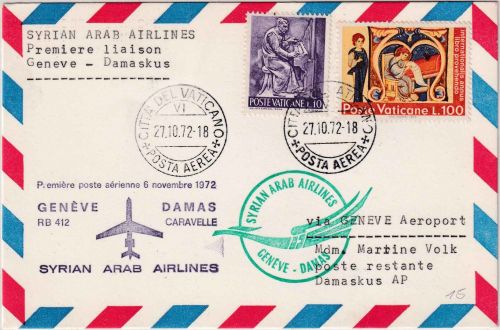 Vatikan - Syrian Arab Airlines Firstflight Genf - Damaskus 1972 Zuleitungspost