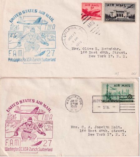 USA - TWA Firstflight Washington/Philadelphia - Zürich 1949 - 2 Belege