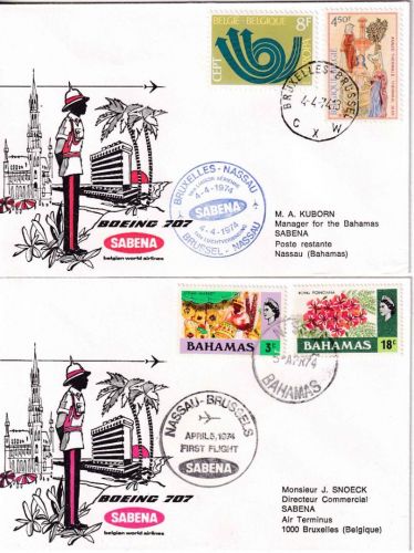 Belgien/Bahamas - SABENA Firstflight Brüssel/Nassau/Brüssel 1974 2 Belege