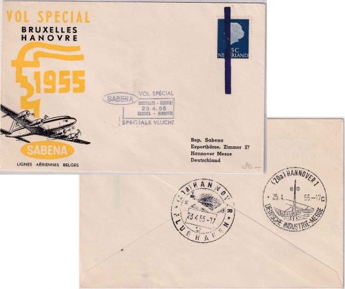 Niederlande - SABENA Messe-Sonderflug Brüssel - Hannover1955 Zuleitungspost