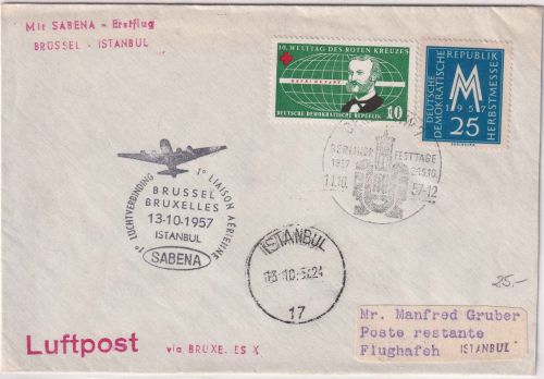 DDR - SABENA Erstflug Brüssel - Istanbul 1957 Zuleitungspost