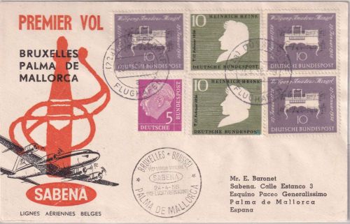 BRD - SABENA Erstflug Brüssel - Mallorca 1956 Zuleitungspost v. Düsseldorf