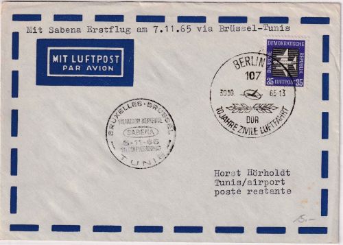 DDR - SABENA Firstflight Brüssel - Tunis 1965 Zuleitungspost Ost-Berlin