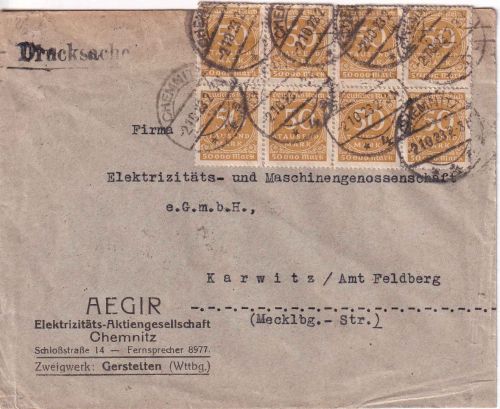 DR-Infla - 50 Tsd. Ziffer 8er-block Drucksache Chemnitz - Karwirtz 2.10.23