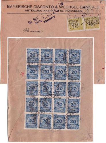 DR-Infla - 20 Mio. Korbdeckel (20er-Block) u.a. Brief Nürnberg - München 4.11.23