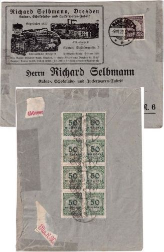 DR-Infla - 50 Mio. Korbdeckel dst./8er-Block u.a. illustr. Brief Dresden 9.11.23