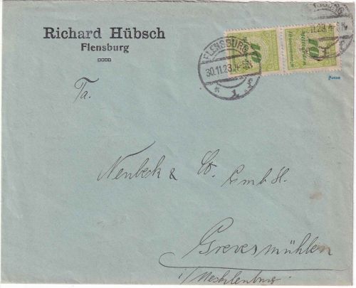 DR-Infla - 10 Mrd. Korbdeckel Brief/4-fach-Tarif Flensburg Grevesmühlen 30.11.23