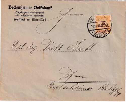 DR-Infla - 5 Mrd. Korbdeckel Ortsbrief (Bockenheimer Volksbank) FFM-Est 16.11.23