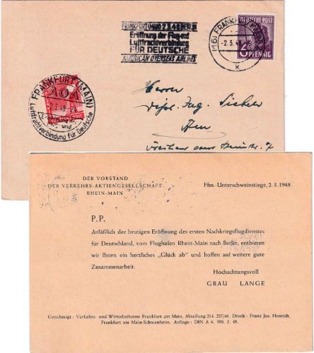 All.Bes. - American Overseas Airlines Karte SST/Maschstpl. Flugeröffnung 1948